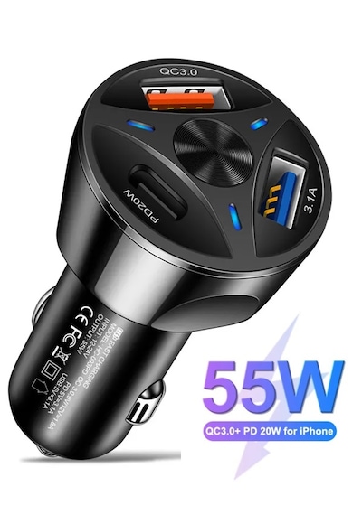 Huawei Samsung Xiaomi İphone Uyumlu Type-c Ve Usb Girişli Araç Çakmaklık Şarj Aleti 55w 1