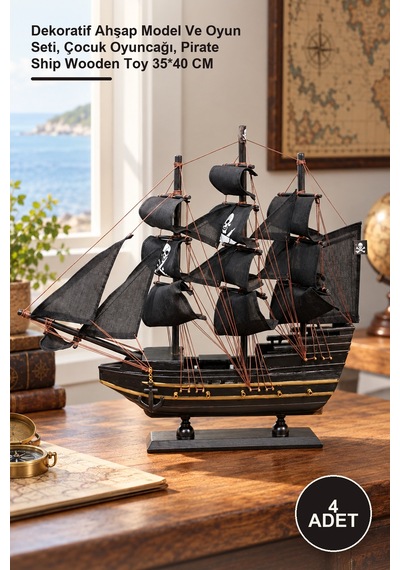 4 Adet Ahşap Korsan Gemisi Dekoratif Ahşap Model Ve Oyun Seti, Çocuk Oyuncağı, Pirate Ship Wooden Toy 35 40 Cm