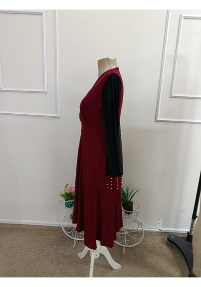 Bhrwear Kadın Uzun Kollu Kruvaze Yakalı Kollar Tül Detaylı Incili Midi Viskon Elbise Renkli