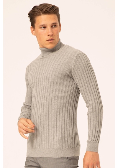 Ateş Triko Erkek Balıkçı Yaka Slim Fit Fitilli Triko Kazak 6091288 Gri
