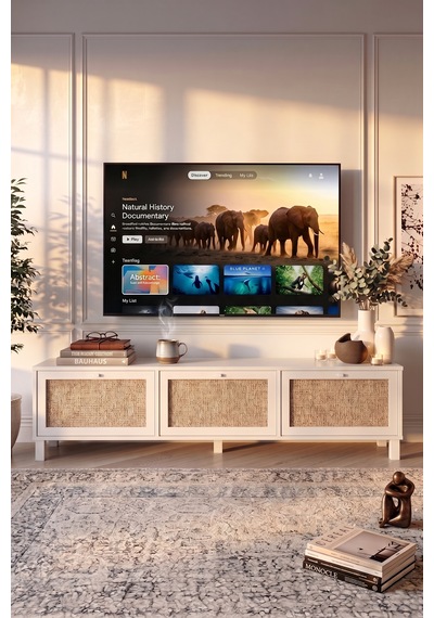 Robin Home Arizona Tv Ünitesi Sehpası Ahşap Ayaklı 3 Ahşap Jüt Kapaklı 180cm Beyaz-jüt