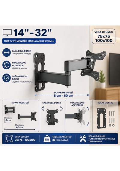 Hareketli Monitör Duvar Askı Aparatı 17"-27" H-3027