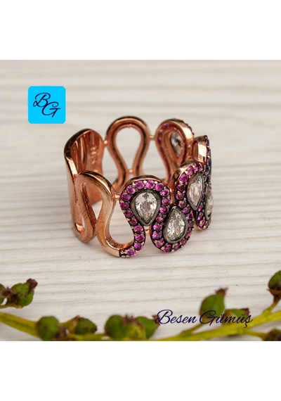 Pembe Zirkon Taşlı Damla Yedi Taş Yüzük Gümüş - Rose Gold