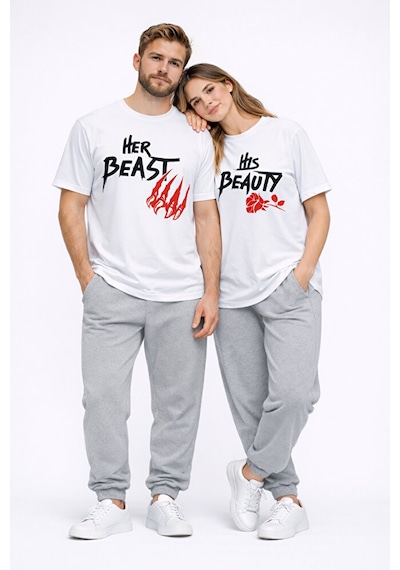 Sevgili Kombini Her Beast His Beauty Oversize Çift Tişört Unisex Beyaz