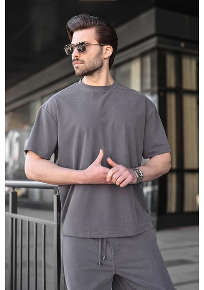 Madmext Boyalı Gri Tensel Kumaş Erkek Şort Tişört Takım E7349 Boyalı Gri