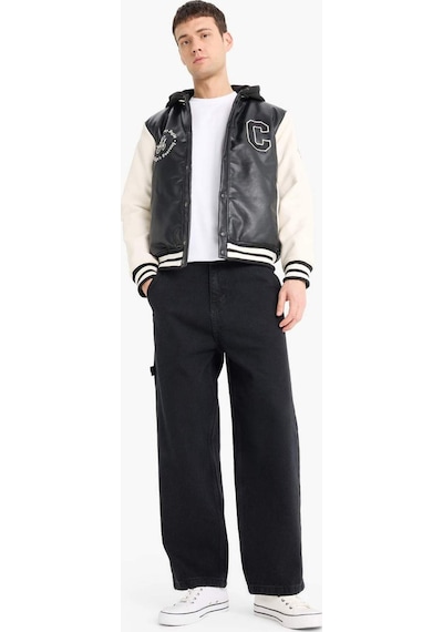 Defacto Regular Fit Kolej Yaka Çıkarılabilir Kapüşonlu Çıtçıtlı Suni Deri Bomber Mont E9972ax25aubk27 Siyah