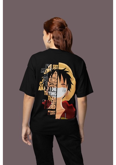 Sevbano Monkey D. Luffy One Piece Sırt Baskılı Unisex Oversize Anime Tişö Siyah
