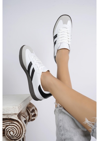 Muggo Gordon Unisex Ortopedik Günlük Garantili Bağcıklı Yürüyüş Koşu Sneaker Spor Ayakkabı Beyaz - Siyah