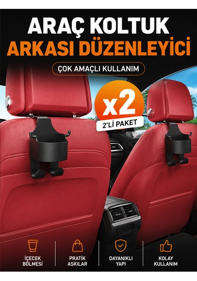 Araç Koltuk Arkası Organizer - 2'li Paket - Bardak + Telefon + Tablet Tutucu - Araç İçi Düzenleyici Askılık Aparat 2 Adet - Siyah