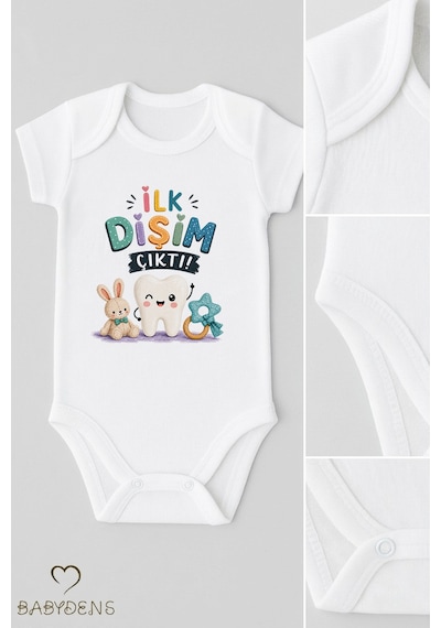 Babyden's Diş Buğdayı Body %100 Pamuk İlk Dişim Çıktı Baskılı Bebek Kısa Kollu Body Çıtçıtlı Unisex Yenidoğan Zıbın Beyaz