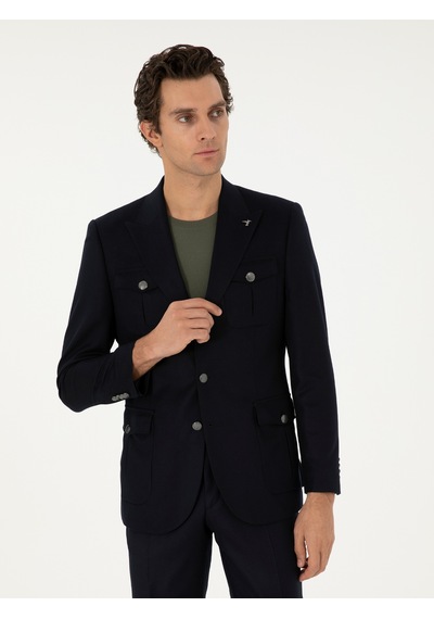 Cacharel Koyu Lacivert Slim Fit Blazer Ceket