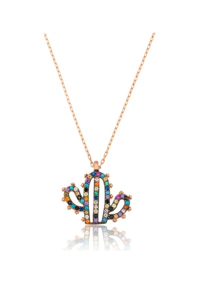 Papatya Silver Kaktüs Kolye Mix Renkli Nano Zikon Taşlı Rose Gold Kaplama 925 Ayar Gümüş Kolye - UVPS100426