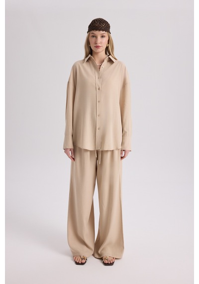 Mai Collection Mai Studios Co. Nunzia Arka Detaylı Bej Oversize Gömlek Pantolon Takım Bej