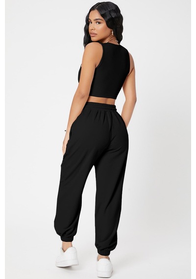 Moda Dua Kadın Siyah Kaşkorse Cepli Jogger Eşofman Altı Ve Crop Top Bluz