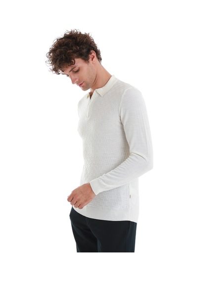 Hatemoğlu Ekru Regular Fit Jakarlı Polo Yaka Yünlü Triko Kazak 34202023a003 048 Ekru