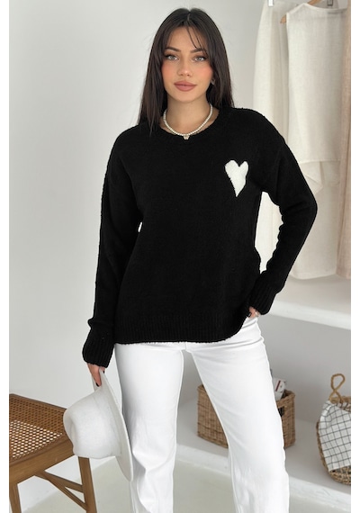 Noa & Noa Kadın Kalpli Kalın Triko Kazak Oversize & Minimal Romantik Stil Siyah