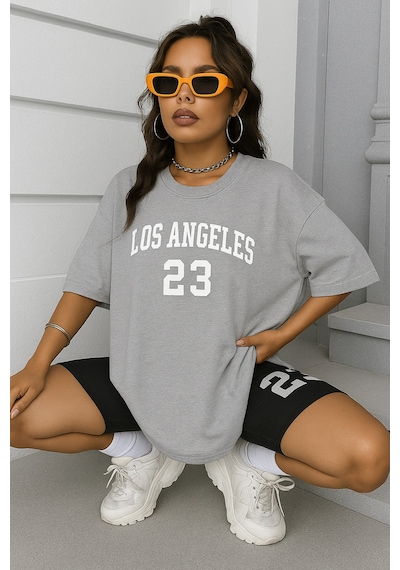 Los Angeles Baskılı Oversize Unisex Tişört Gri