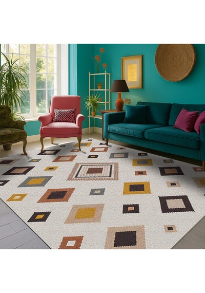 Turkıshrug Kıngdom Çok Renkli Dijital Baskılı Halı Modern Kilim Desenli Tasarım