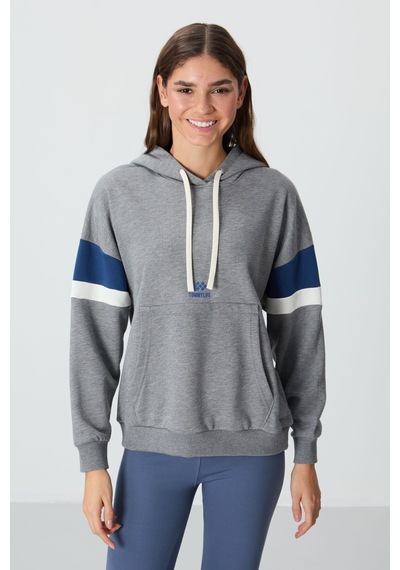 Tommy Life Gri Melanj Kompakt Pamuklu Kalın Pürüzsüz Dokulu Kapüşonlu Oversize Fit Kadın Sweatshirt - 97290 Gri Melanj
