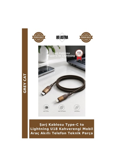 Şarj Kablosu Type-c To Lightning U18 Kahverengi Mobil Araç Akıllı Telefon Teknik Parça