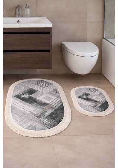 Kaymaz Tabanlı 2 Li Banyo Paspas Seti Yıkanabilir, Su Emici, Toz & Leke Tutmaz Oval Klozet Takımı Kahverengi