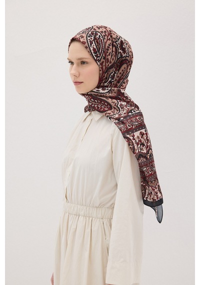 Mirsoy Scarf Almira Pamuk Etnik Desen Şal Açık Bordo