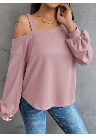 Ahes Shopping Kadın Uzun Kollu Tek Omuz Askı Detay Salaş Dalgıç Bluz Pembe
