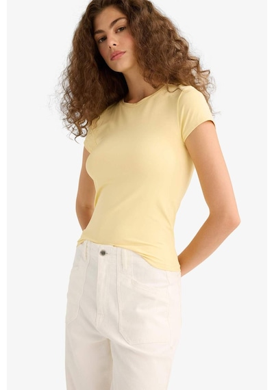 Defacto Slim Fit Dar Kesim Bisiklet Yaka Basic Düz Kısa Kollu Tişört F7768ax25auyl252 Sari