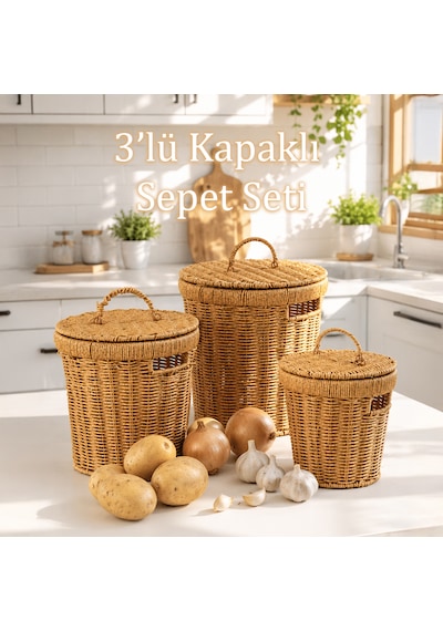 Porsima Pbt-920 3lü Hasır Sepet Kapaklı Bambu Sepet Seti Dekoratif Banyo Mutfak Düzenleyici Organizeri Açık Kahverengi