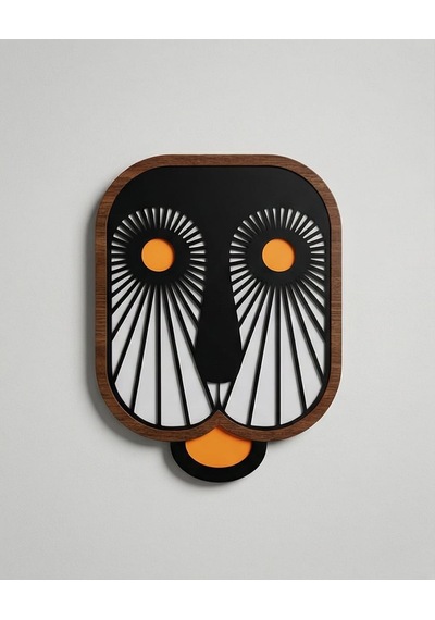 El Yapımı Soyut Baykuş Duvar Dekoru - Siyah Turuncu Ahşap Panel, Göz Motifli Modern Sanat Mdf 1