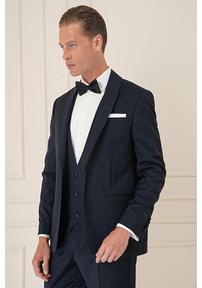 Efor Black 078 Slim Fit Çıkarılabilir Saten Yaka Cerutti Kumaş Yelekli Lacivert Damatlık Smokin Takım Lacivert