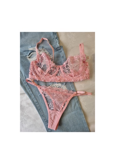 Demirsa Boutique Çiçek Desenli Dantelli Pembe Sütyen Ve Tanga, İç Çamaşır Takımı Pembe