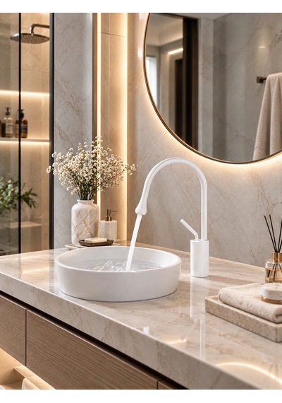 Alfas Beyaz Pirinç Banyo Lavabo Bataryası Yüksek Kuğu Boyun 360 Dömer Modern Tasarım