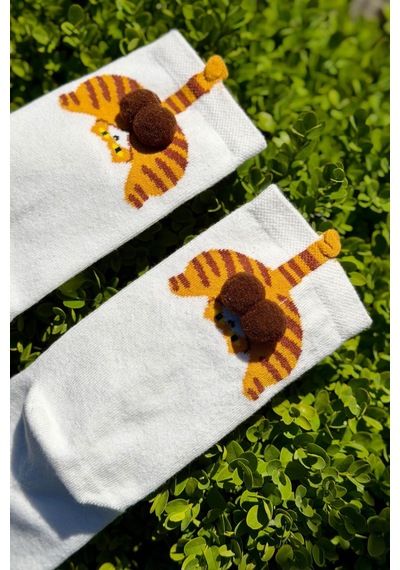 Lousocks Unisex Kahverengi Kedi Desenli Ponpon Soket Çorap