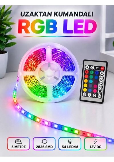 Rgb Şerit Led 5 Metre 12v 2835 Smd Kumandalı Renkli Oda Ve Ev Aydınlatması - Lisinya