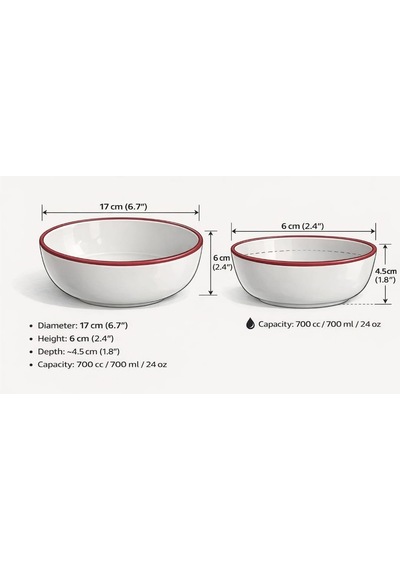 Porselen Kırmızı File Kenar Kase Salata, Çorba Ve Kahvaltılık Sunum Kasesi - 17 Cm 2'li Set Beyaz