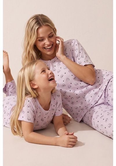 Siyah İnci Pamuklu Fitilli Kaşkorse Örme Pijama Takım 26120402 Lila Kedi