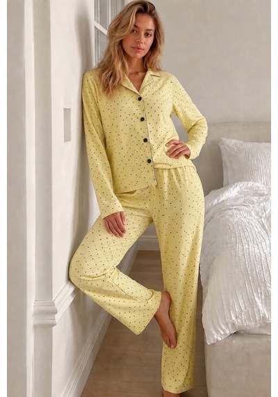 Womanandkids Gri Kadın Puantiyeli Uzun Kollu Düğmeli Pijama Takımı sarı