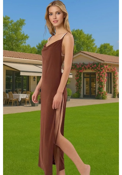 Ersefa Kadın Yazlık Örme Bodycon Plaj Elbise Derin Yırtmaçlı Maxi Özenle Kahverengi