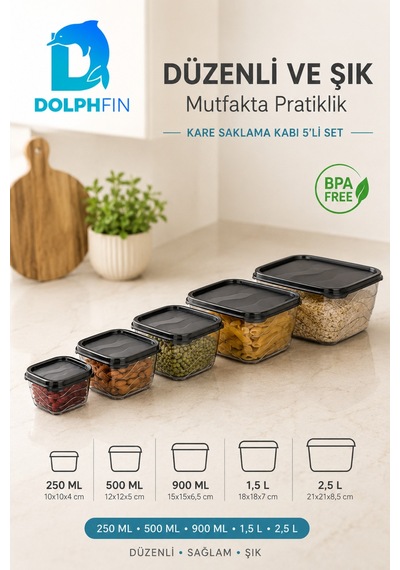 5 Li Kare Saklama Kabı Seti Kapaklı 250 Ml 500 Ml 900 Ml 1,5 L 2,5 L Bpa İçermez Siyah