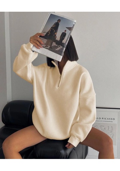 Mbb E-ticaret Kadın 3 İplik Pamuklu Oversize Yarım Fermuarlı Yakalı Basic Sweatshirt - Bej