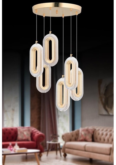 İstanbul Avize Alfa 6'li Gold Kristal Taşlı Avize Gold