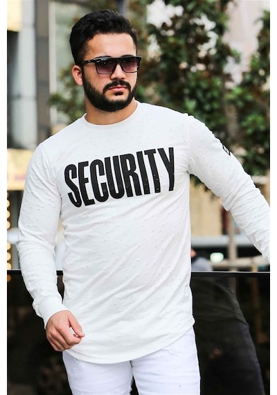 Madmext Beyaz Yırtık Detaylı Baskılı Sweatshirt 4126 Beyaz
