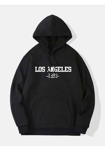 Altamira Unisex Siyah Los Angeles Baskılı Oversize Kapşonlu Sweatshirt 001