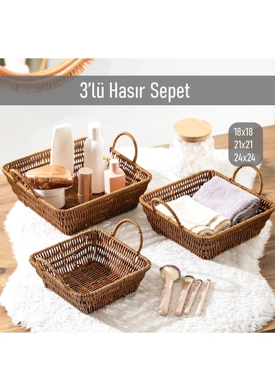 Tr 303-c Kare 3'lü Hasır Sepet Dekoratif Ev Düzenleyici Kendinden Kulplu Hasır Sepet Seti Banyo Düzenleyici Sepet Diğer