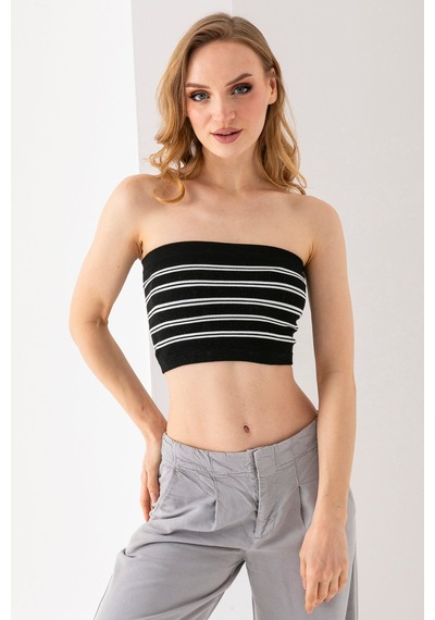 Giysa Kadın Straplez Çizgili Crop Siyah Beyaz - Ms0000136 Siyah - Beyaz