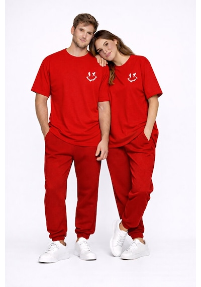 Sevgili Kombini Çift Tişört Oversize Unisex Uyumlu Çift Kombin 2' Kırmızı