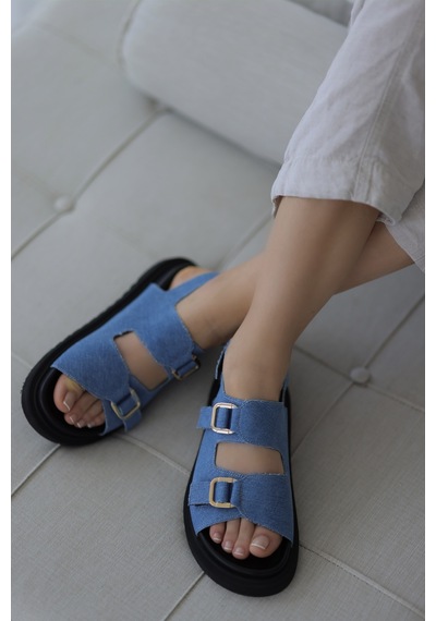 Selin Shoes Loves Toka Detaylı Kadın Sandalet- Mavi