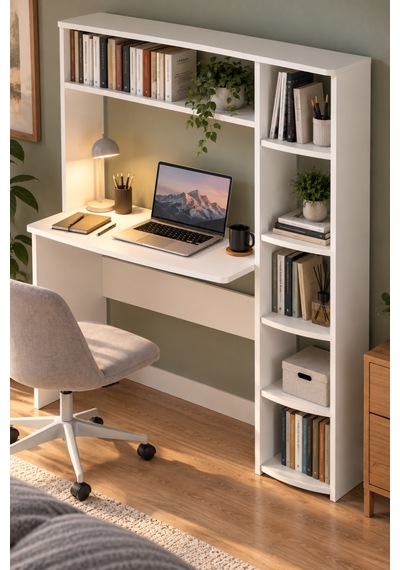 Sulorahome Kitaplıklı Çalışma Masası Beyaz
