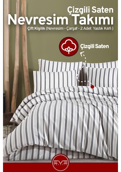 Saten Çizgili Çift Kişilik Lüks Nevresim Takımı Set 200x200 Cm Gri